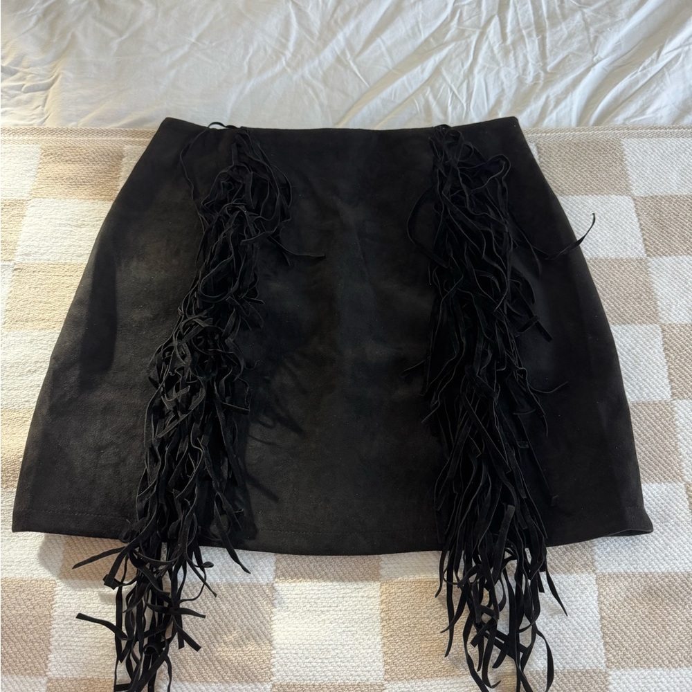 Black Fringe Mini Skirt - Sleek Suede Look